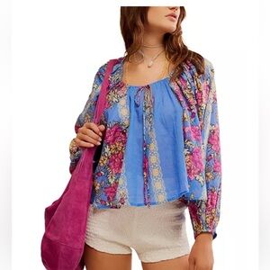 NWT Free People Boho Elena Floral Print Flowy Blouse Sapphire Combo Small
